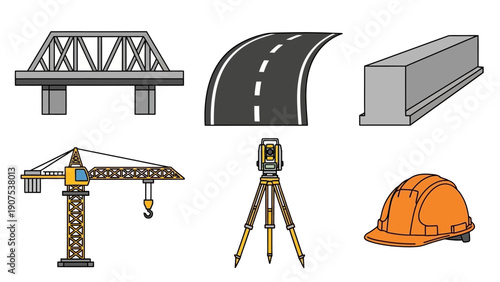 Construction site elements including crane, bridge, and hard hat illustrated in a graphic design
