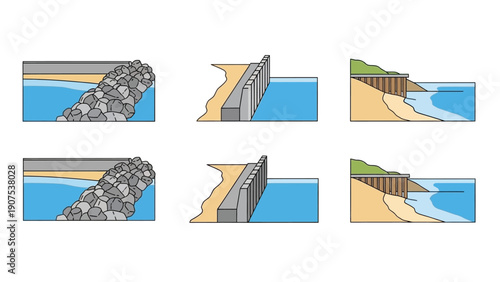 Dam break simulation sequence illustrating water flow and structural failure in various stages