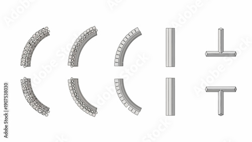 Detailed illustration of mechanical parts including curved and T-shaped components viewed from directly above
