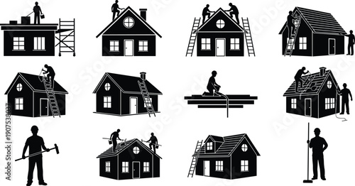 Roof construction and house maintenance silhouettes set showing workers repairing, installing and inspecting residential roofs with ladders and tools for home improvement concepts