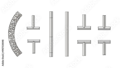 Detailed technical illustration of metal parts and curved decorative element in isometric view