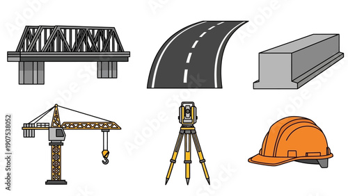 Construction site elements including bridge, road, beam, crane, surveyor's tripod, and hard hat in a detailed illustration