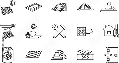 Roofing and home insulation line icon set featuring solar panels, ventilation, roofing materials, tools, heating and cooling symbols, clean outline construction icons isolated on white