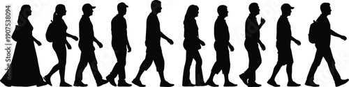 Row of black silhouettes of men and women walking in profile view, isolated on white background, representing people movement, daily life, lifestyle, urban activity, and social concepts