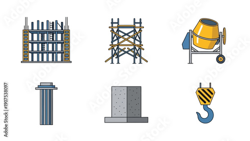 Construction site elements including scaffolding, cement mixer, and hook viewed from the front