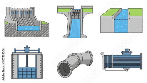 Industrial components and machinery parts illustrated in a technical diagram with various industrial equipment