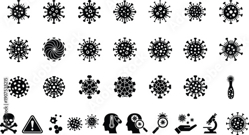 Black Virus and Bacteria Icon Set Featuring Coronavirus Microbiology Warning Signs and Medical Research Symbols Isolated on White Background for Healthcare Science Graphic Design