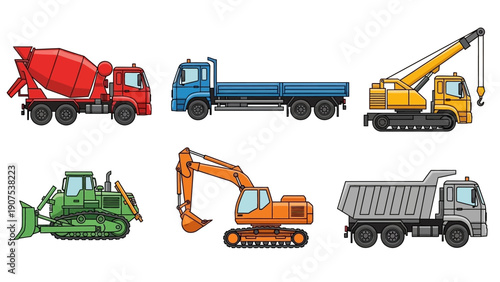 Collection of heavy machinery vehicles including excavators, trucks, and cranes displayed in a grid layout