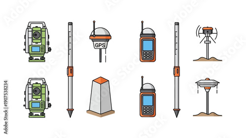 Survey equipment and instruments collection for geospatial mapping and land measurement from a bird's eye view