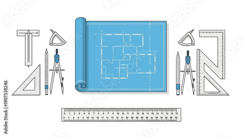 Blueprint surrounded by architectural tools on a clean surface viewed from directly above