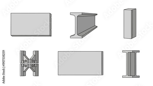Collection of steel beams and girders displayed in a grid formation on a white background from a front viewpoint