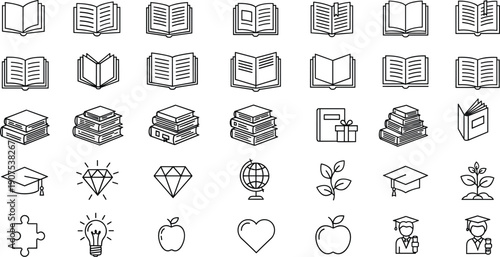 Education and Literacy Vector Line Icon Set Featuring Open Books, Graduation Caps, Light Bulbs, and Academic Symbols for School University and Knowledge Based Learning Designs