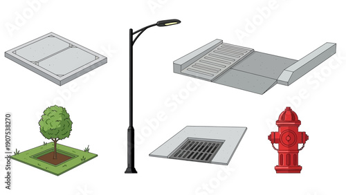 Urban infrastructure elements including streetlight, fire hydrant, tree, and sidewalk viewed from a 45-degree angle