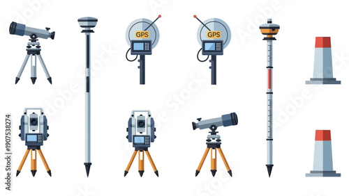 Collection of survey equipment and instruments on white background viewed from directly above