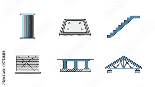 Collection of architectural elements including pillars, staircase, and bridge structures in a technical illustration