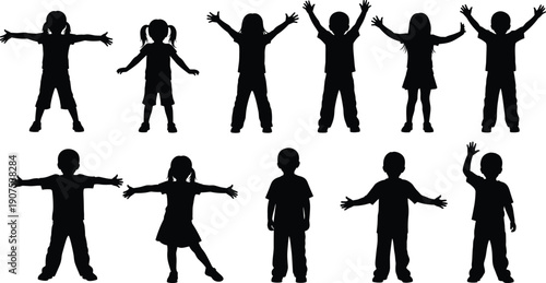 Set of black silhouettes of happy children standing with raised arms in different poses, isolated on white background, symbolizing joy, freedom, childhood energy, and playful emotions