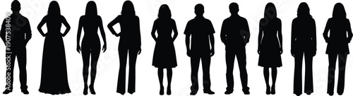 Set of black silhouettes of men and women standing in different body shapes and outfits, isolated on white background, representing people diversity, lifestyle, fashion, and modern society