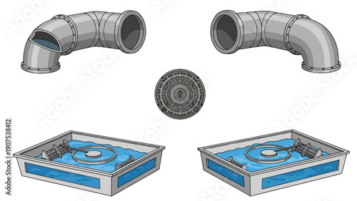 Industrial pipes and ventilation system components with ducts and fittings illustrated in a technical diagram