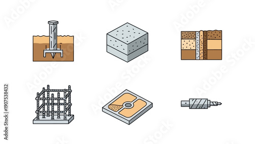 Technical illustrations of construction elements and fasteners on a clean white background, showcasing various building materials and tools, viewed from a straightforward perspective.