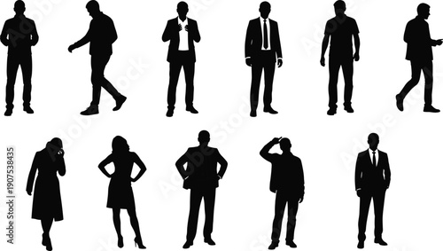 Set of business people silhouettes showing men and women in formal and casual poses, standing and walking, black vector professional figures isolated on white background