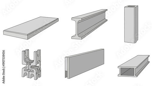 Various metal beams and profiles displayed from different viewpoints showcasing industry materials