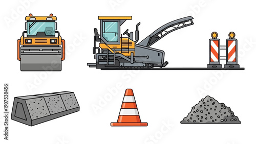 Road construction machinery and safety elements on a construction site viewed from the front