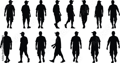 Set of casual people walking silhouettes in different poses, men and women street walking, isolated black vector collection for urban lifestyle, motion and everyday activity concepts
