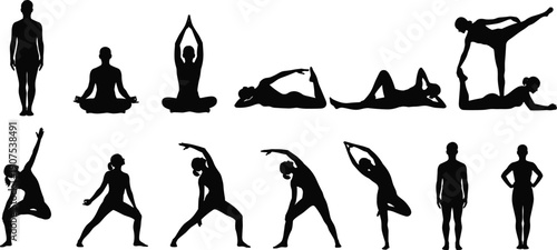 Set of black silhouettes of women practicing yoga and stretching exercises in various poses, isolated on white background, representing fitness, wellness, balance, flexibility, and healthy lifestyle