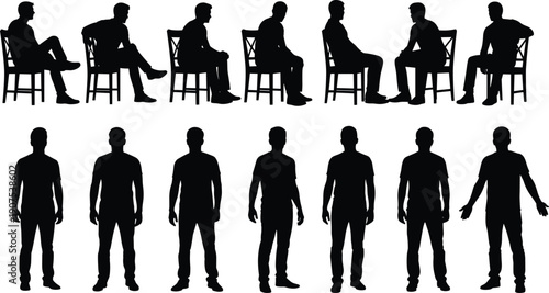 Set of male silhouettes in sitting and standing poses isolated on white background, human body positions for design, communication, posture, lifestyle, and character illustration concepts