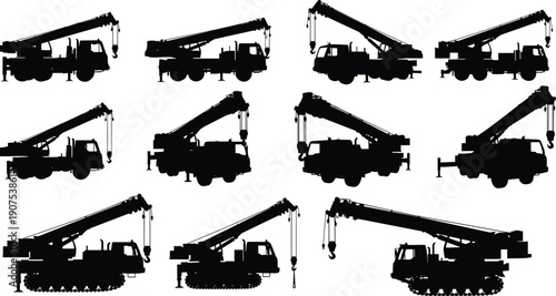 Set of mobile crane truck silhouettes isolated on white background showing different boom positions, heavy construction machinery collection for industrial, engineering, lifting, logistics concepts