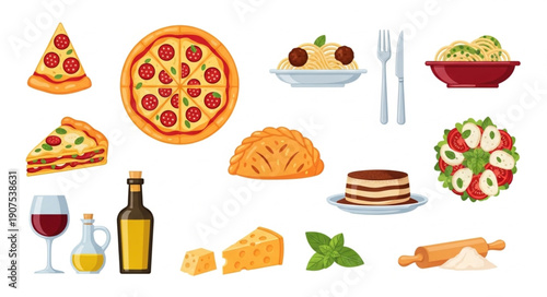 Delicious Italian Food and Drink Assortment Collection.