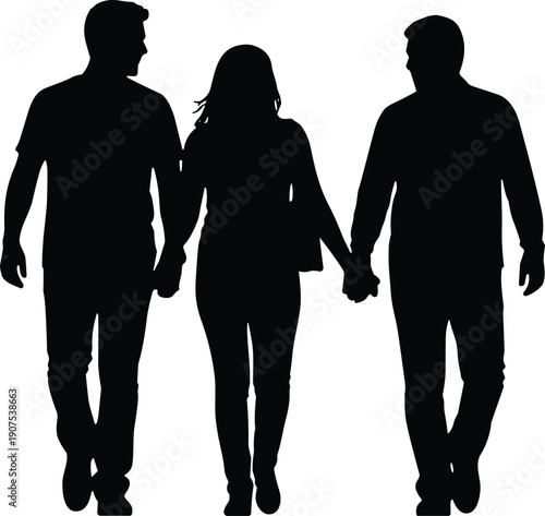 Silhouettes of three people holding hands while walking together, group friendship and unity concept showing men and woman isolated on white background for social and lifestyle themes