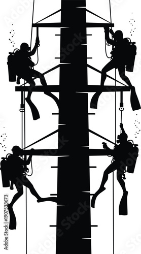 Silhouette scuba divers performing underwater industrial maintenance on offshore platform structure, teamwork and safety concept, black and white illustration isolated on white background