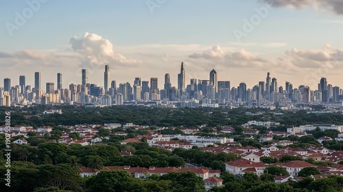 Panoramic View of a Modern City Skyline with Lush Greenery in the Foreground.