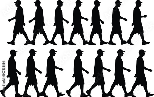 Walking man silhouette sequence set showing human movement cycle isolated on white background illustration