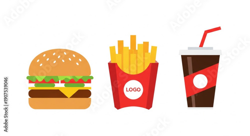Delicious Burger Fries and Soda Drink Icon Set.