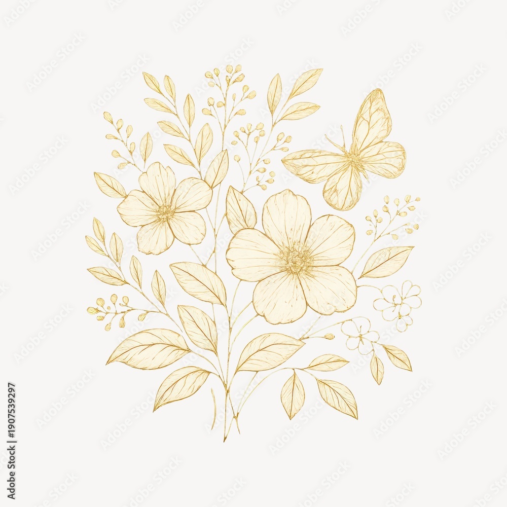 Fototapeta premium Elegant floral sketch with butterfly