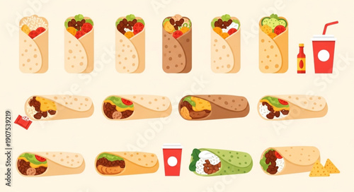 Delicious Burritos and Tacos Assortment Vector Illustration.