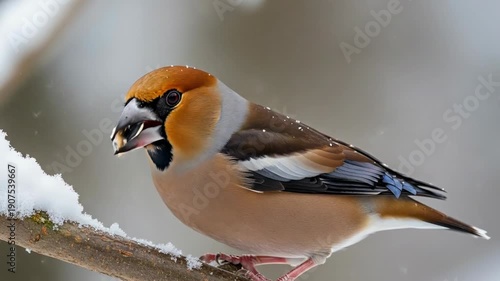 Wallpaper Mural Close-up of a colorful bird perched on snow-covered branch in winter landscape. Torontodigital.ca