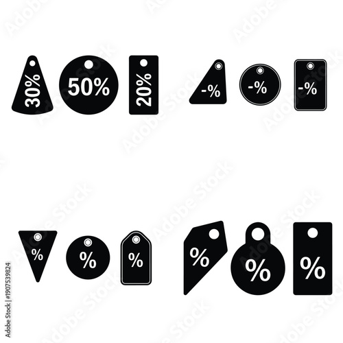 Black and white vector sale price tags and discount label icons with percentage signs.