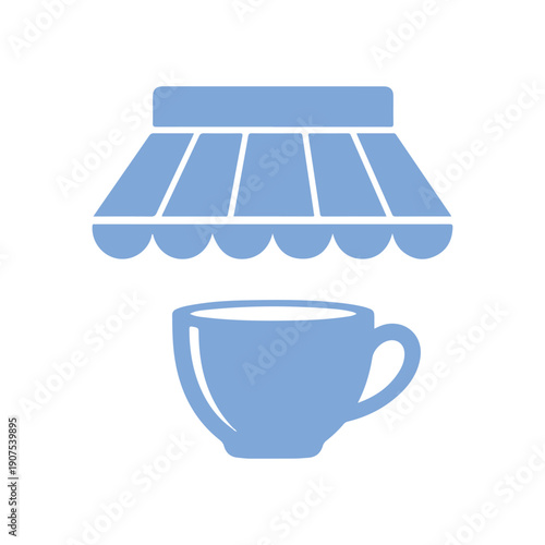 Blue vector coffee shop icon featuring a striped store awning above a tea or coffee cup.