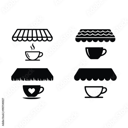Coffee shop vector icon set featuring cafe awnings and hot drink cups with steam.