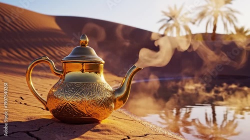 A magnificent golden teapot, emanating fragrant steam, rests elegantly on sun-kissed desert sands, mirrored by a tranquil oasis reflecting majestic palm trees under a captivating sky