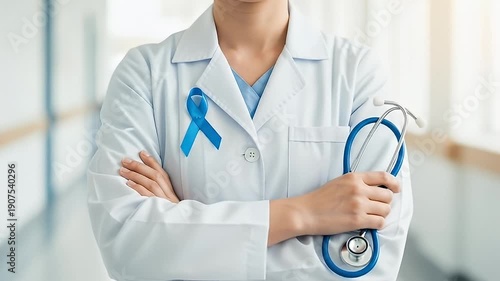 Doctor wearing white coat with blue ribbon and stethoscope.