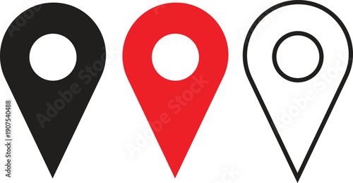Three distinct map pin icons in black and red, representing location markers or navigation points.