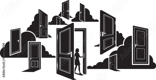 Person standing in front of multiple open doors illustration