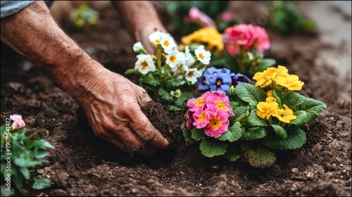 Wallpaper Mural Gardener Planting Colorful Primrose Flowers in Rich Soil in Garden Torontodigital.ca