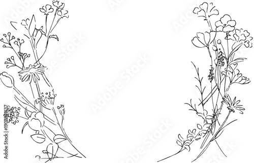 植物の線画イラスト。植物のベクターイラスト背景。葉っぱと花の背景フレーム。
Botanical line art illustration. Botanical vector illustration background. Leaves and flowers background frame.