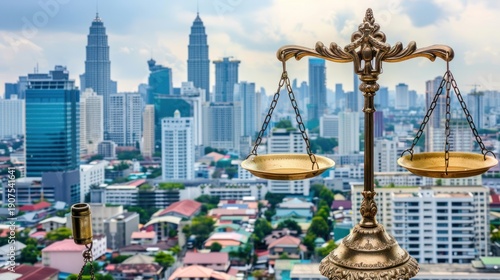 Golden Justice Scales on Rooftop with City Skyline in Background