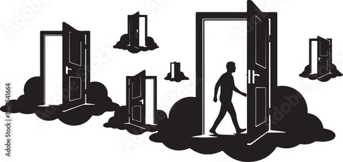 Man walking through open door in the cloudscape illustration
